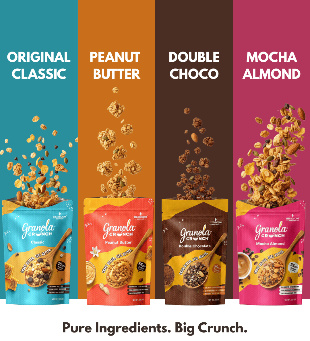 Four flavors of Granola Crunch packaging with colorful labels and granola imagery.