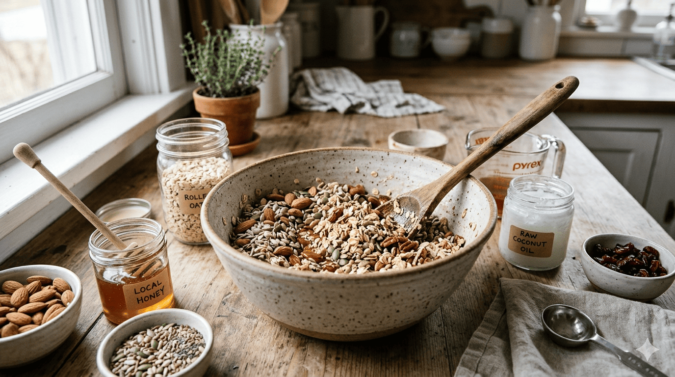Kitchen counter with a bowl of granola, jars of honey and seeds, and a spoon.