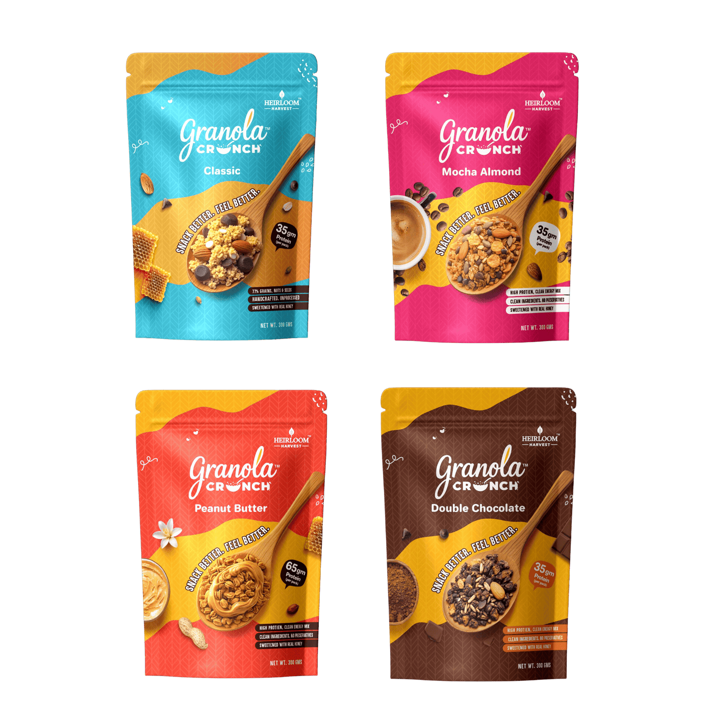 Four packages of Granola Crunch with different flavors on a green background
