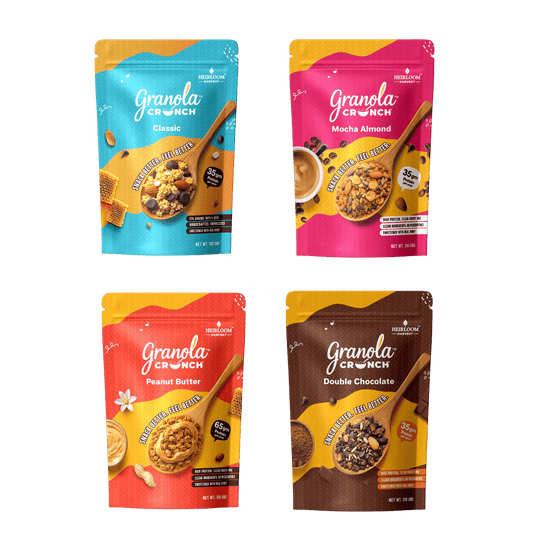 Four packages of Granola Crunch with different flavors on a green background