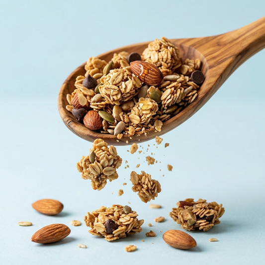 Close-up of crunchy granola with oats nuts and seeds – healthy granola texture India
