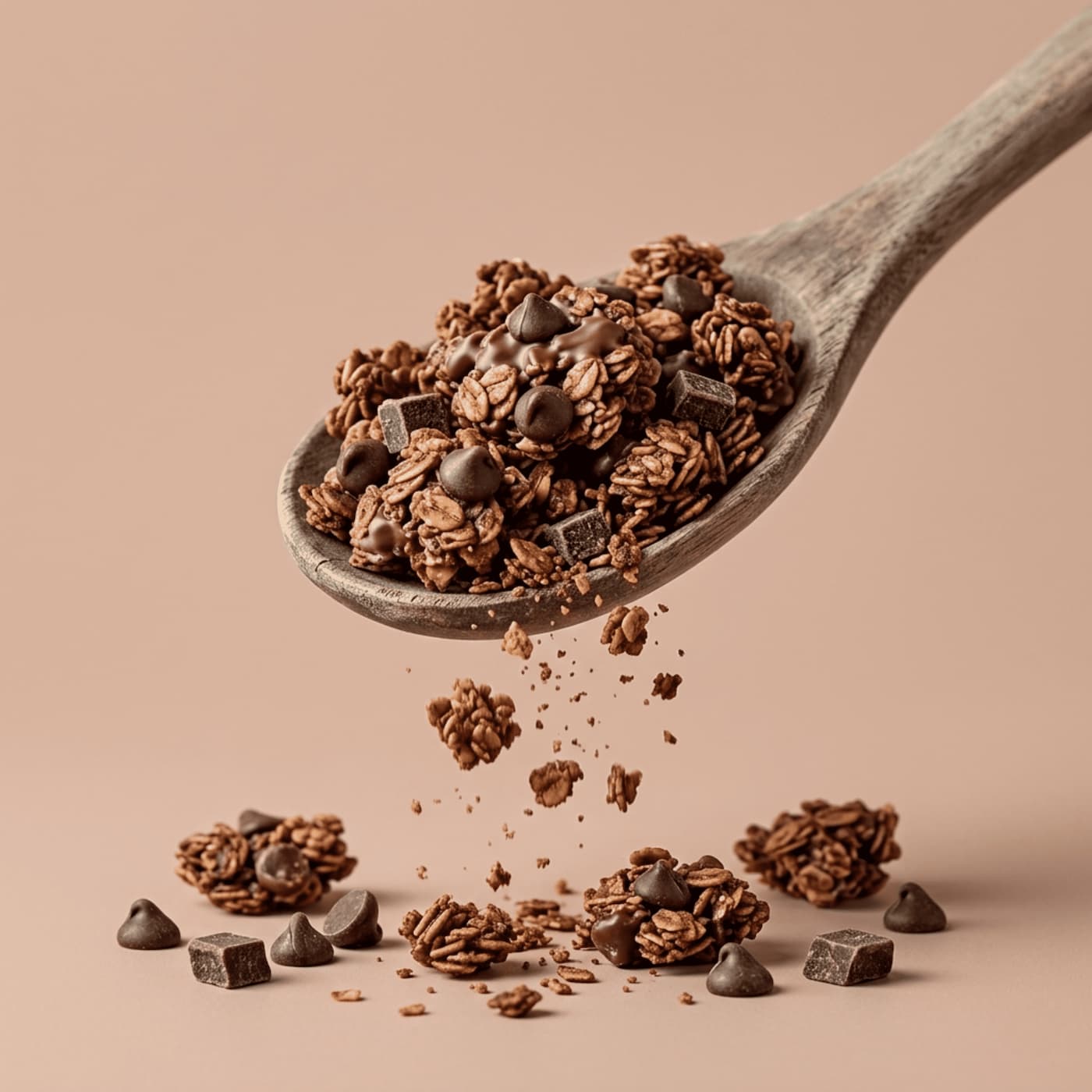 Wooden spoon filled with chocolate granola on a beige background