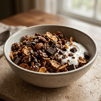 Bowl of chocolate granola crunch with yogurt on a wooden surface