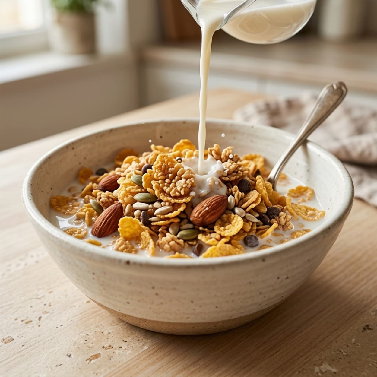 Bowl of granola crunch with milk