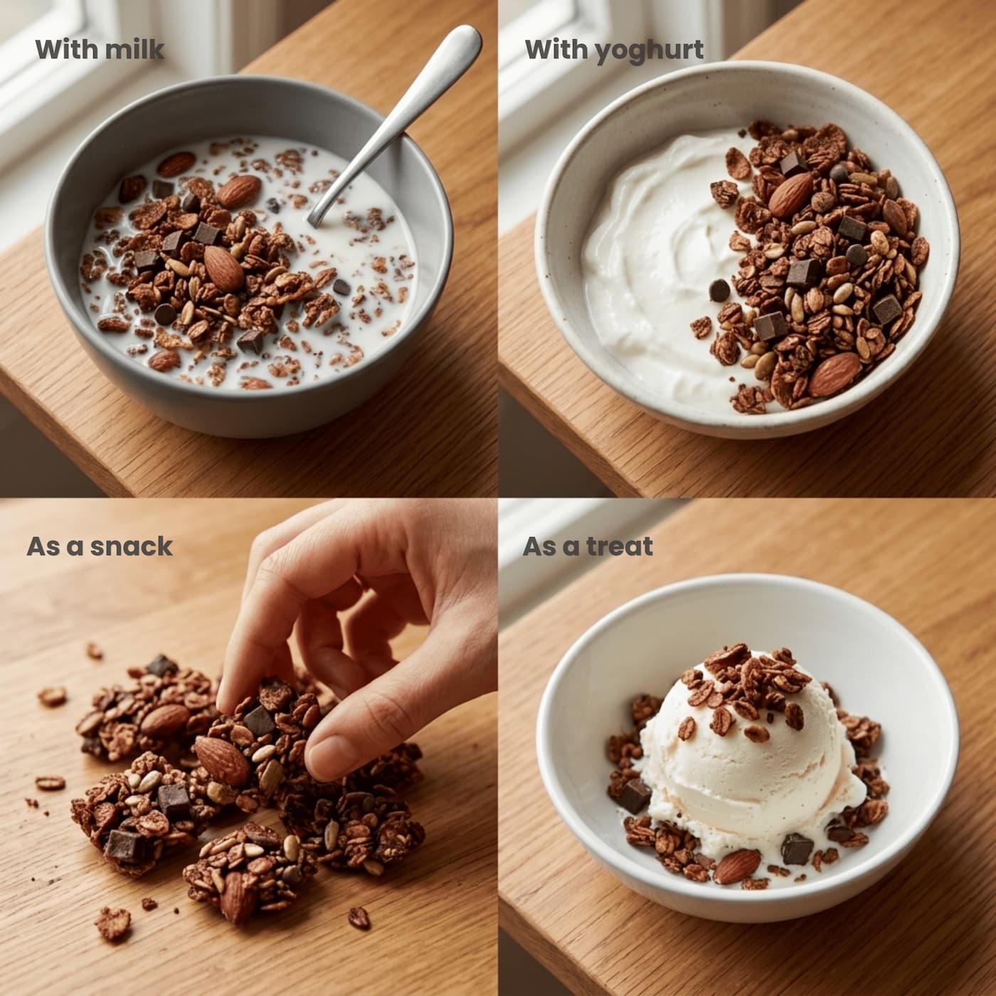 Four images showing chocolate granola with milk, yogurt, as a snack, and as a treat.