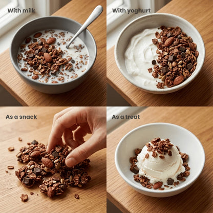 Four images showing chocolate granola with milk, yogurt, as a snack, and as a treat.