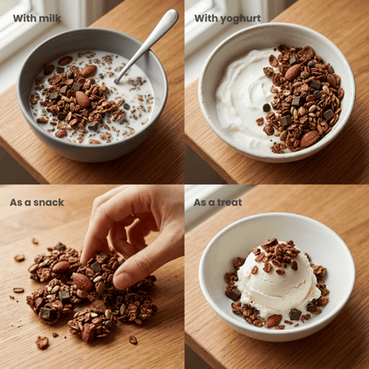 Ways to eat chocolate granola with milk yogurt snack or dessert – versatile healthy chocolate granola ideas