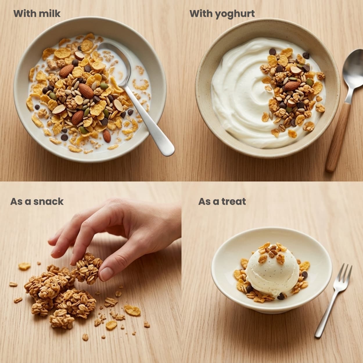 Four images showing different ways to enjoy cereal with milk, yogurt, as a snack, and as a treat.