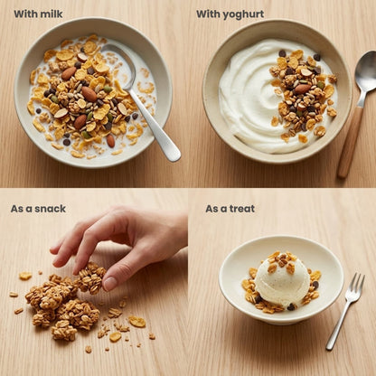 Four images showing different ways to enjoy cereal with milk, yogurt, as a snack, and as a treat.