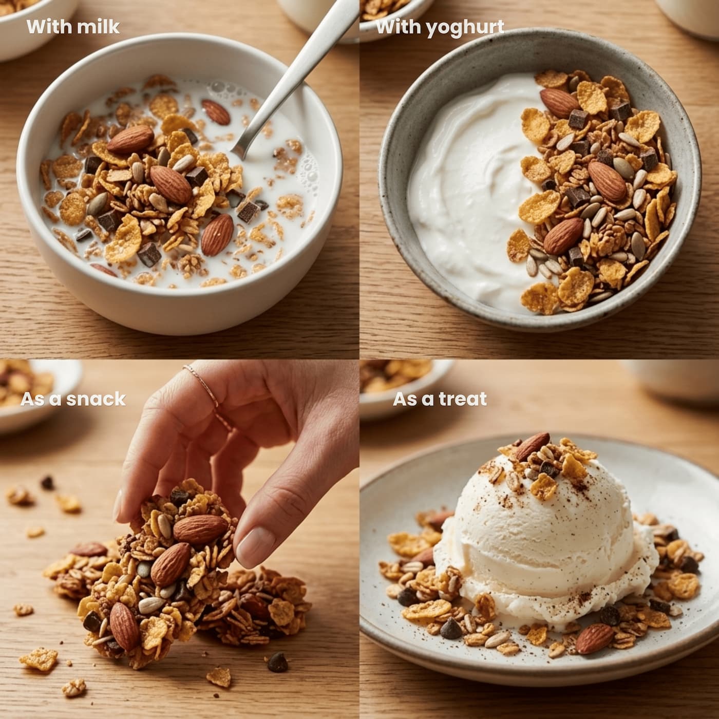 Four images showing granola with milk, yogurt, as a snack, and as a treat.