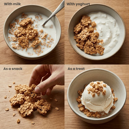 Collage of four images showing granola with milk, yogurt, as a snack, and as a treat.