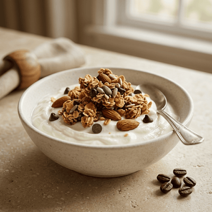 Mocha almond granola with yogurt bowl – healthy coffee flavoured granola breakfast India