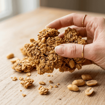 Hand picking crunchy peanut butter granola clusters – healthy snack granola India high protein